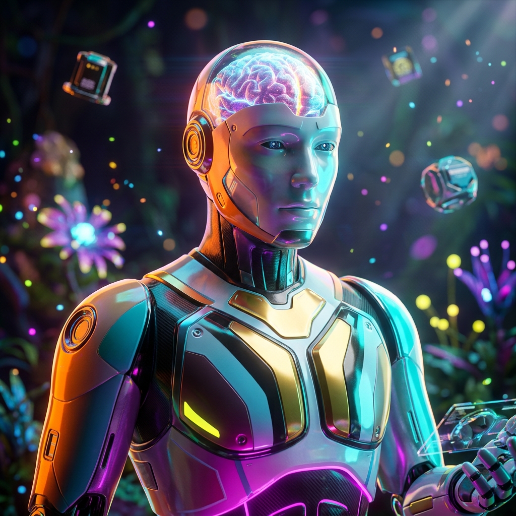 LearnOrbit Command | Mission Control Cockpit for Learning Operat β E-learning category hero β translucent glass humanoid figure with a glowing neural-network brain visible inside its head in alien jungle biome with glowing flora and floating tech artifacts