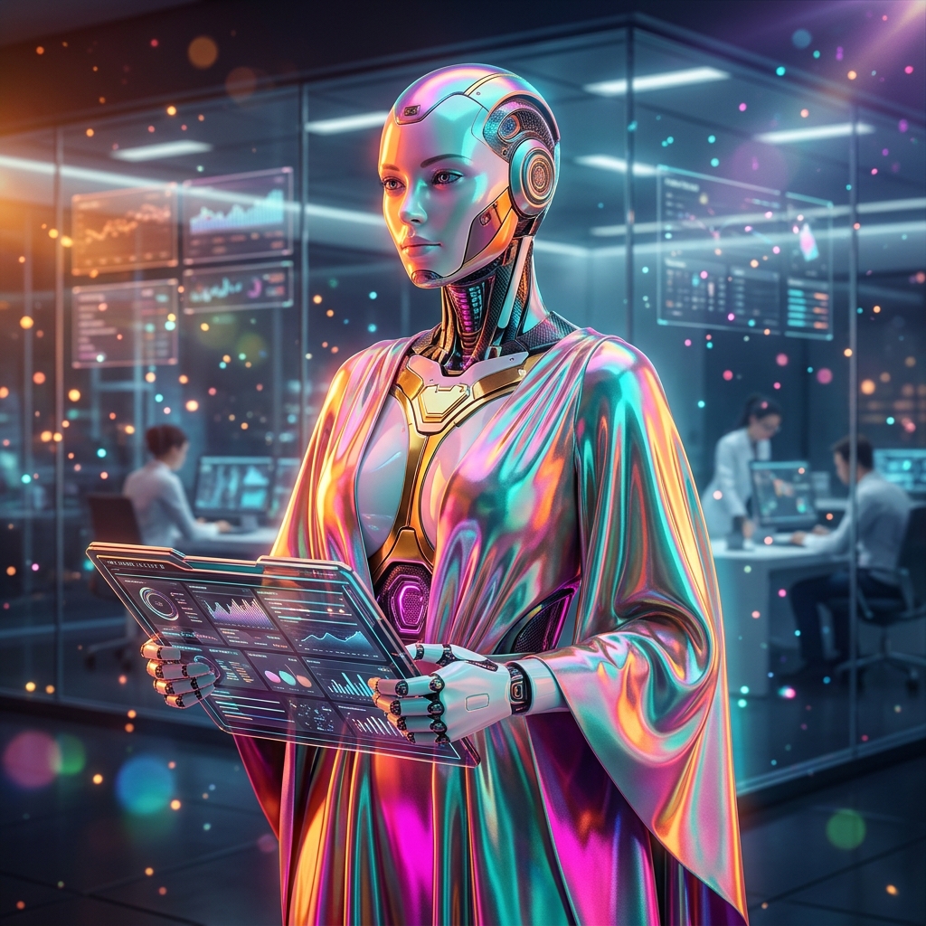 LedgerCockpit – Accounting Mission Control — Accounting category hero — elegant fashion-forward android in flowing reflective couture fabric, editorial pose in sleek high-tech laboratory with glass walls, floating data panels and particle light