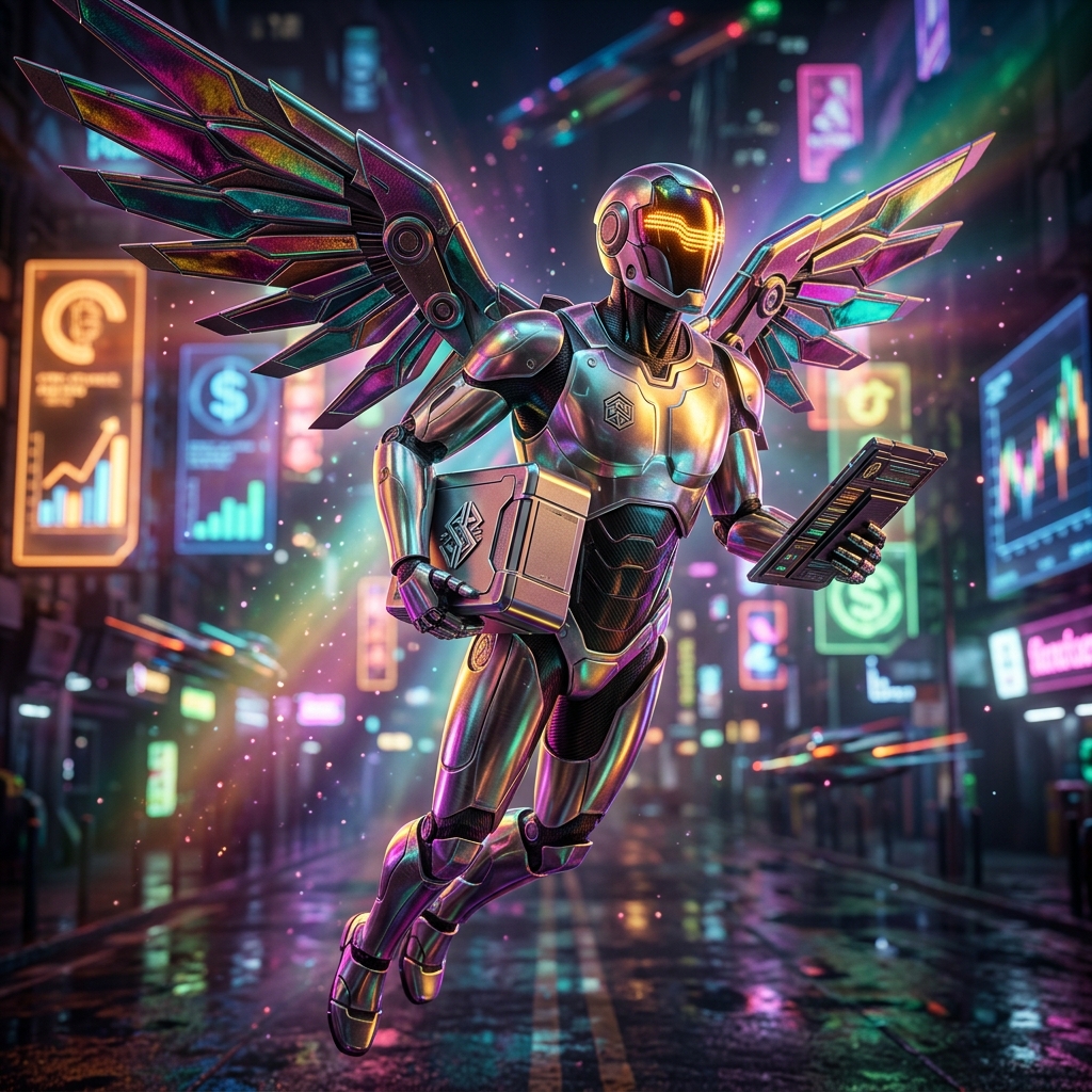 LedgerCore · Financial Strategy Terminal — Finance & Fintech category hero — courier-style android with iridescent wings unfurled, mid-flight silhouette against the environment in neon-lit cyberpunk street at night, wet pavement reflections, hovering holograms in the background