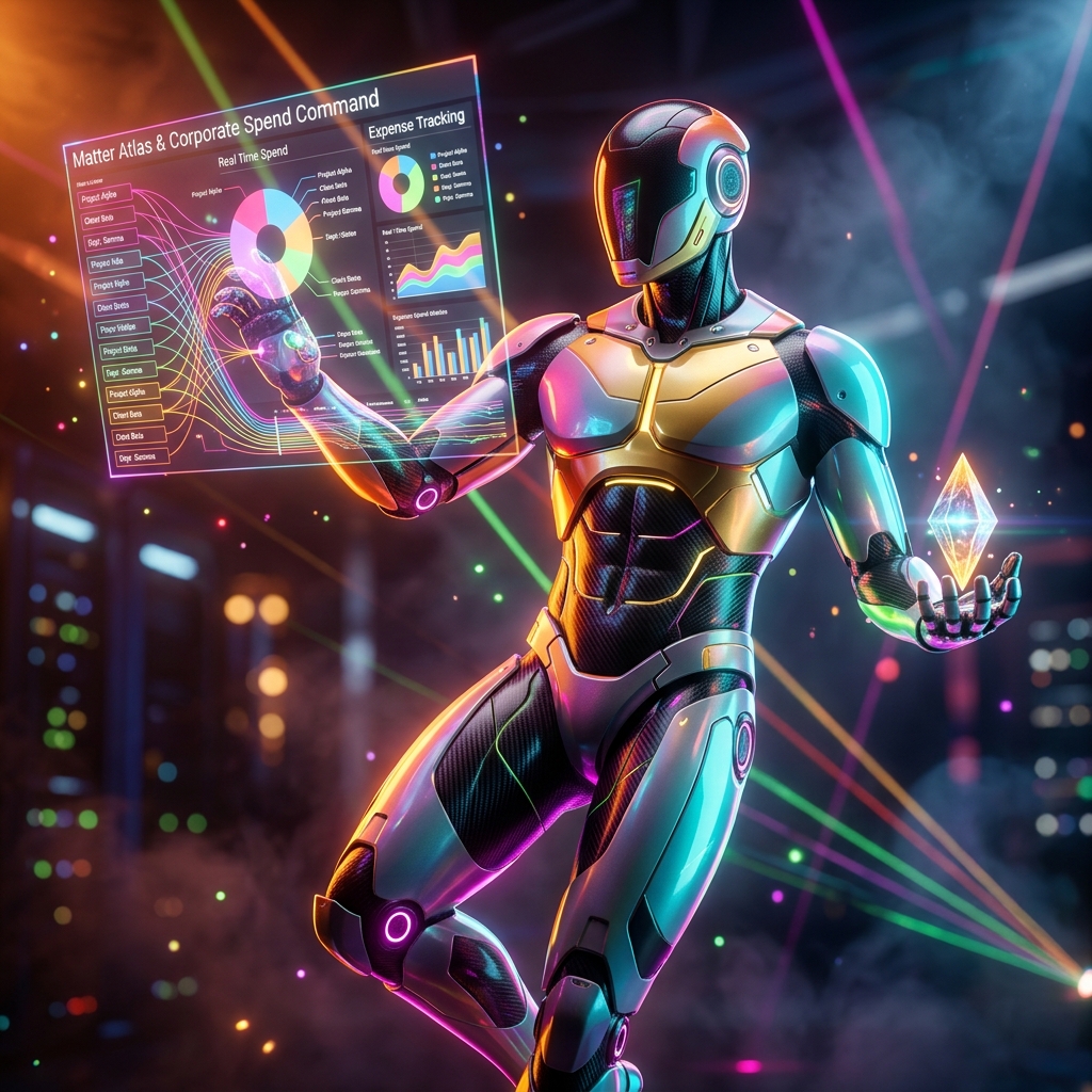LedgerCortex — Matter Atlas & Corporate Spend Command — Expense Tracking category hero — sleek sports-car-inspired bipedal android mid-motion, carbon-fiber musculature and glowing accent lines in underground rave-like data cathedral with laser beams cutting through smoke