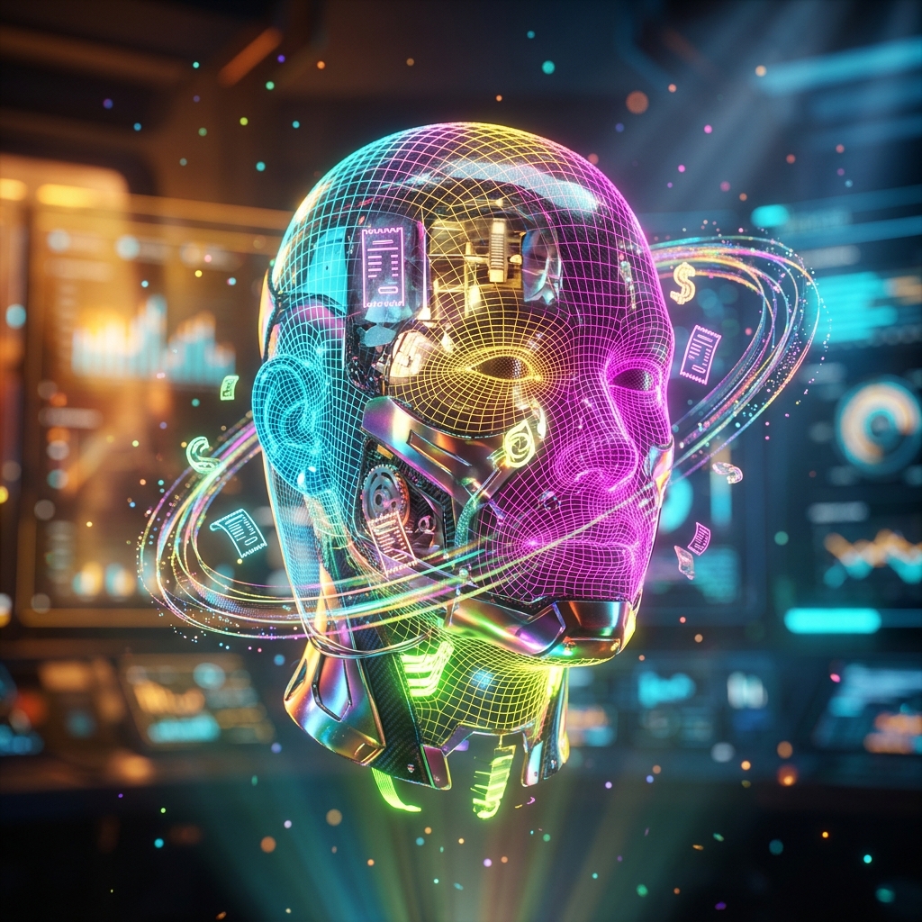 LedgerDock — Corporate Spend & Expense Command — Expense Tracking category hero — wireframe holographic human head made of glowing data points, floating in the frame center in futuristic control room with massive glowing holographic screens and volumetric light rays
