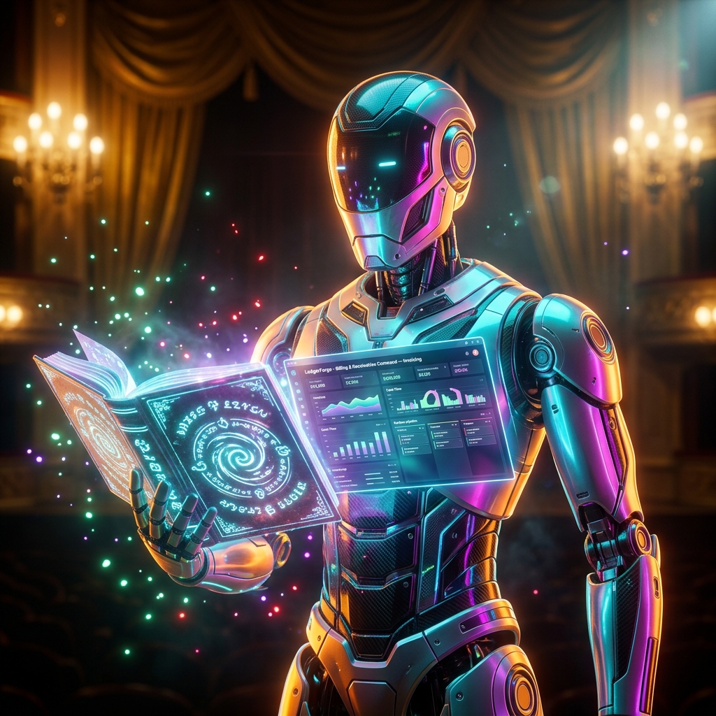 LedgerForge · Billing & Receivables Command — Invoicing category hero — sci-fi wizard robot with a floating spellbook of holographic glyphs and light particles in golden-lit theater interior with heavy velvet curtains and cinematic chandeliers