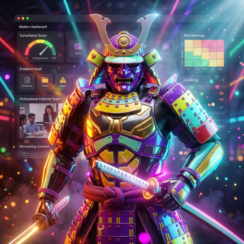 LedgerForge — Compliance Intelligence Ledger for Blogging Operat — Blogging category hero — majestic samurai-styled mech in lacquered armor with neon under-glow, katana of light in hand in underground rave-like data cathedral with laser beams cutting through smoke