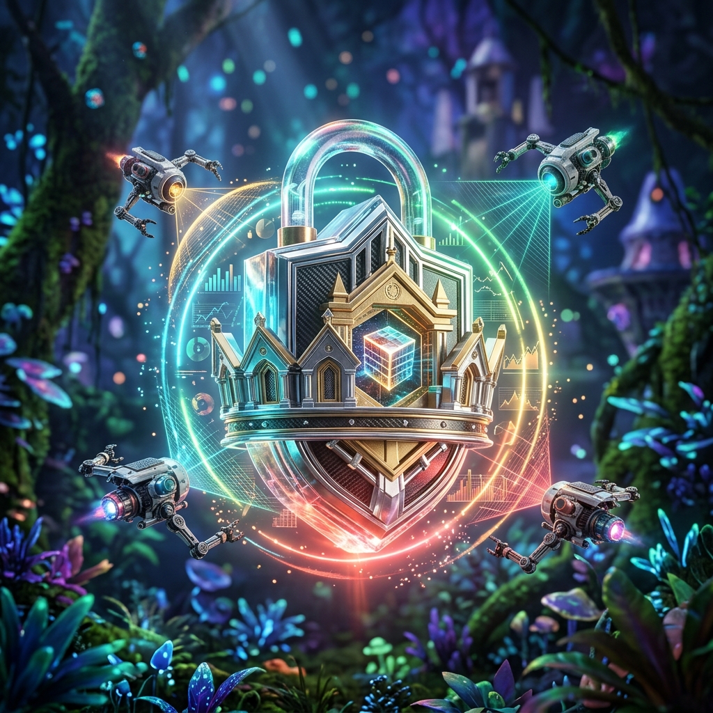 LedgerForge — Financial Strategy Terminal for Architects — Architectural Design category hero — glowing digital shield / padlock / crown / crystal object at the frame center, protected by hovering tech drones in alien jungle biome with glowing flora and floating tech artifacts