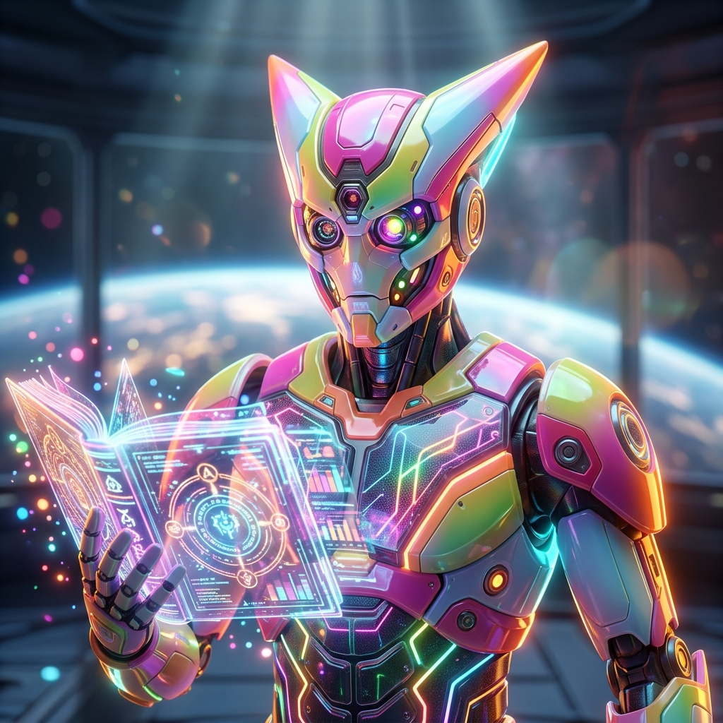 LedgerGrid — Energy Financial Strategy Terminal — Energy category hero — sci-fi wizard robot with a floating spellbook of holographic glyphs and light particles in orbital space station observation deck with a planet glowing outside the panoramic window