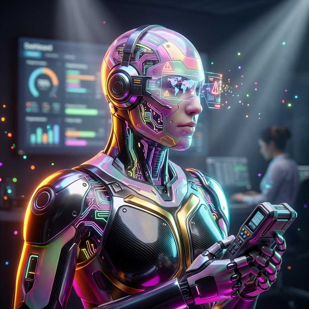 Ledgerline Command — Shipment Exception Desk — Shipping & Logistics category hero — cinematic cyborg character seen in three-quarter profile, exposed circuitry glowing beneath translucent skin, intense neon rim light in dark cinematic stage with dramatic spotlights streaming down and a hazy atmospheric fog