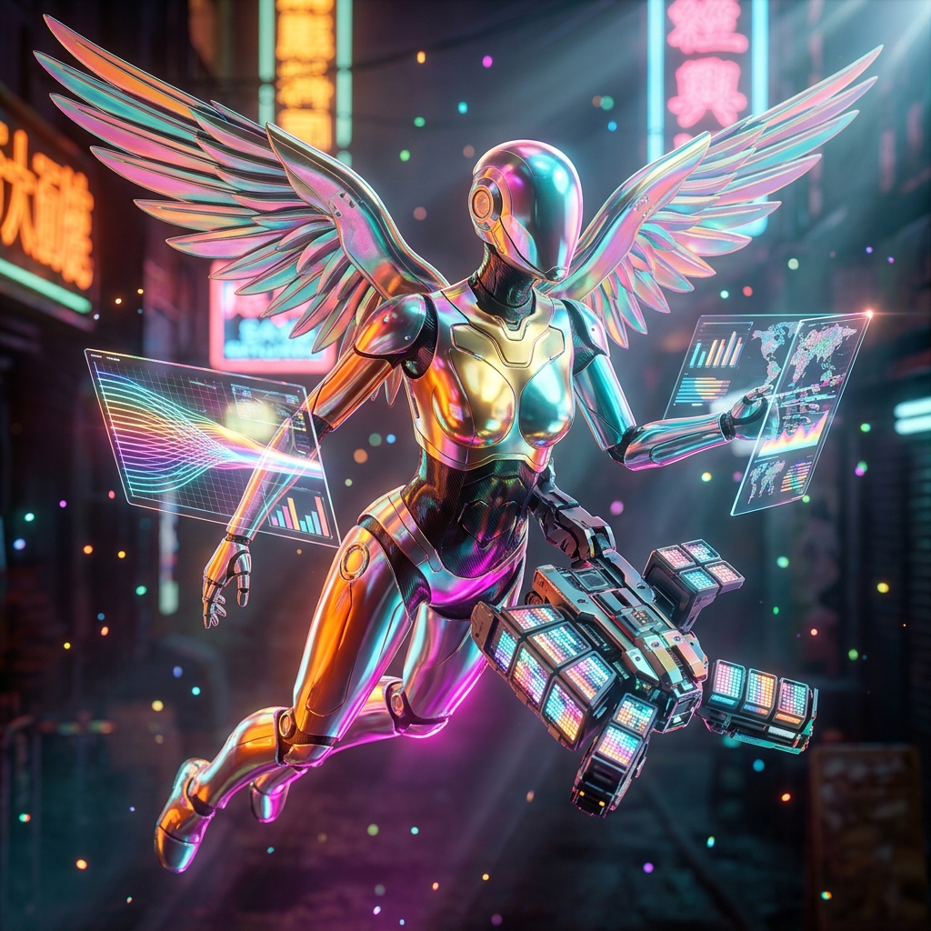 LedgerLine — Invoicing & Receivables Grid — Invoicing category hero — courier-style android with iridescent wings unfurled, mid-flight silhouette against the environment in Blade-Runner-style noodle-shop alley with dense neon signage in the background