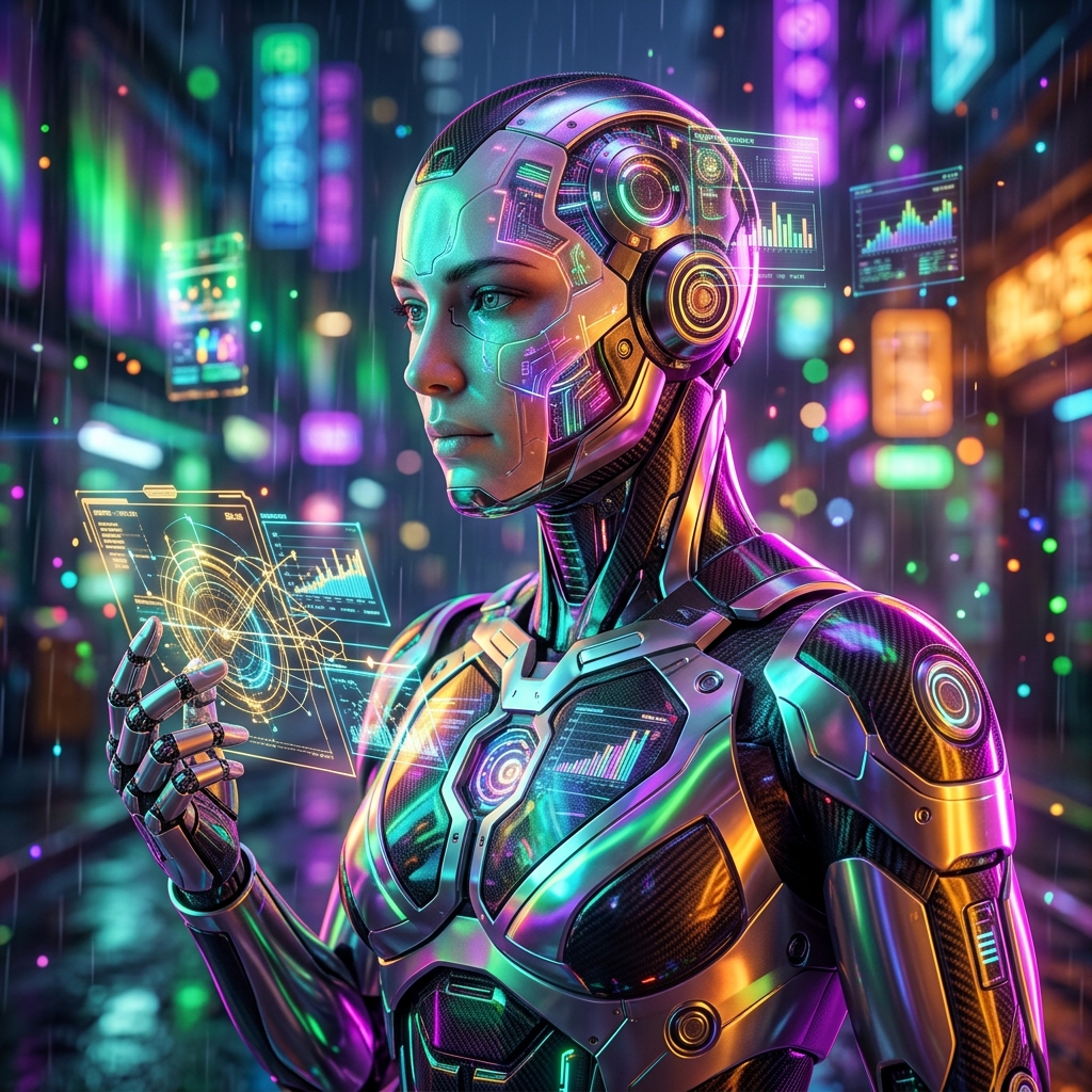 Ledgerline Matter Atlas | Payment Reconciliation & Legal Matter — Accounting category hero — cinematic cyborg character seen in three-quarter profile, exposed circuitry glowing beneath translucent skin, intense neon rim light in neon-lit cyberpunk street at night, wet pavement reflections, hovering holograms in the background