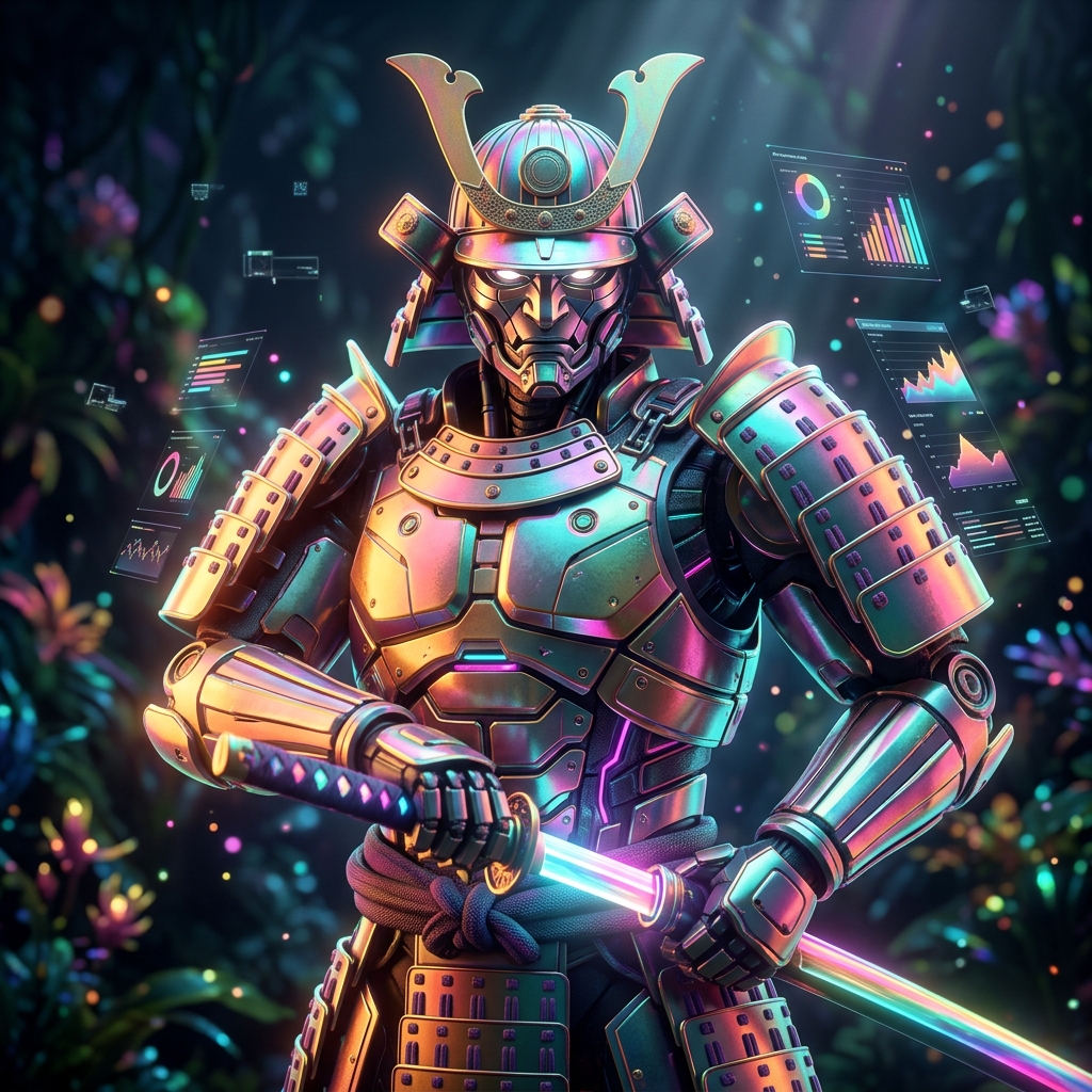 LedgerLine Recon — Payment Reconciliation Command Center — Accounting category hero — majestic samurai-styled mech in lacquered armor with neon under-glow, katana of light in hand in alien jungle biome with glowing flora and floating tech artifacts