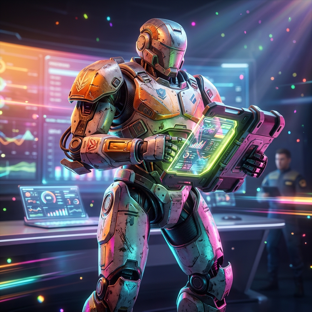 Ledgerline Terminal — Field Service Financial Command — Accounting category hero — war-worn but heroic mech pilot robot with painted panels, weathered detail, cinematic hero lighting in futuristic control room with massive glowing holographic screens and volumetric light rays
