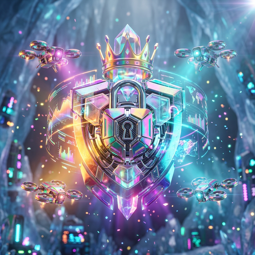 Ledgerline Terminal — Financial Strategy Command — Finance & Fintech category hero — glowing digital shield / padlock / crown / crystal object at the frame center, protected by hovering tech drones in crystalline ice cavern lit by bioluminescent tech installations