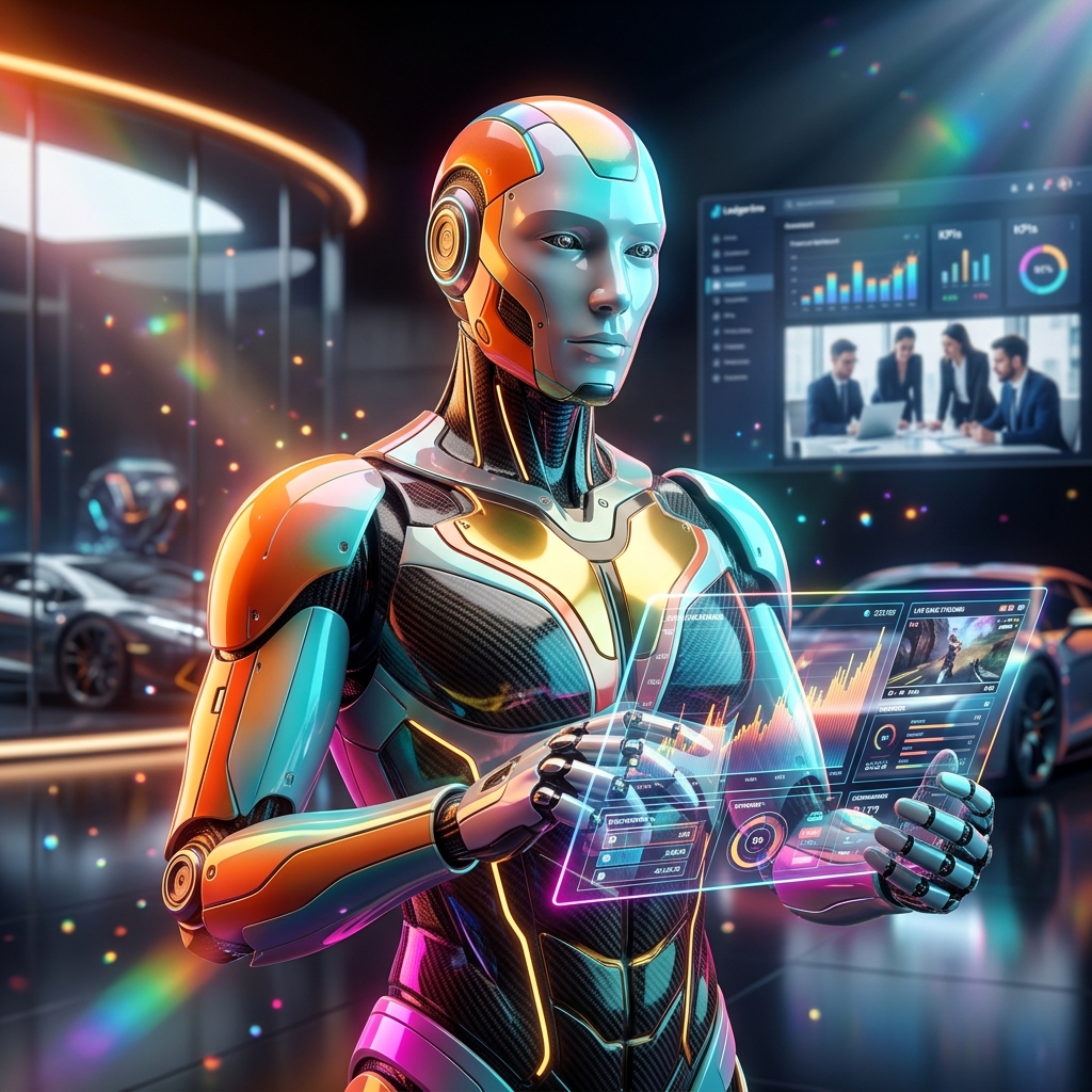 Ledgerline Terminal — Financial Strategy Command Financial 4 — Streaming Games category hero — sleek sports-car-inspired bipedal android mid-motion, carbon-fiber musculature and glowing accent lines in chrome-and-glass showroom with mirrored floor and rim-lit product staging