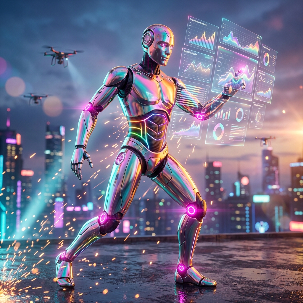 Ledgerline Terminal — Financial Strategy for E‑Commerce Operatio — Finance & Fintech category hero — chrome-plated bipedal android caught mid-motion, sparks and light particles trailing around it in rooftop overlooking a neon megacity skyline at dusk, drones flying in the distance