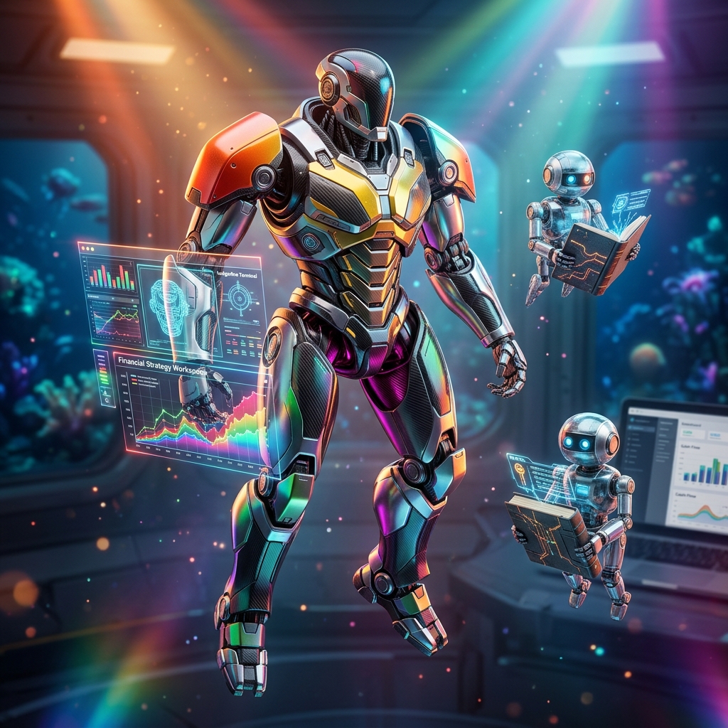 Ledgerline Terminal — Financial Strategy Workspace — Finance & Fintech category hero — duo of contrasting robots — one large hero mech and a small companion droid — composed cinematically in deep-sea research bay with bulkhead windows onto a bioluminescent ocean