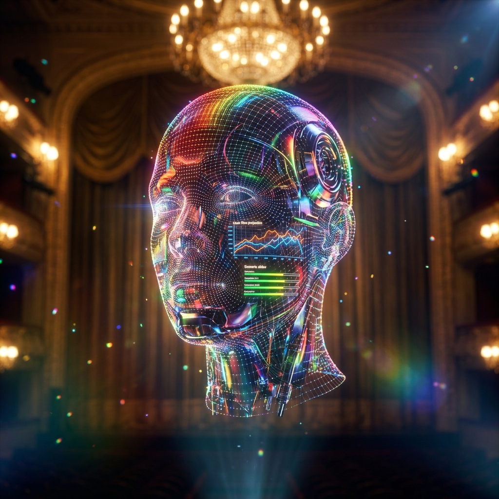 Ledgerline Terminal — Financial Strategy Workspace Financial 5 — Finance & Fintech category hero — wireframe holographic human head made of glowing data points, floating in the frame center in golden-lit theater interior with heavy velvet curtains and cinematic chandeliers