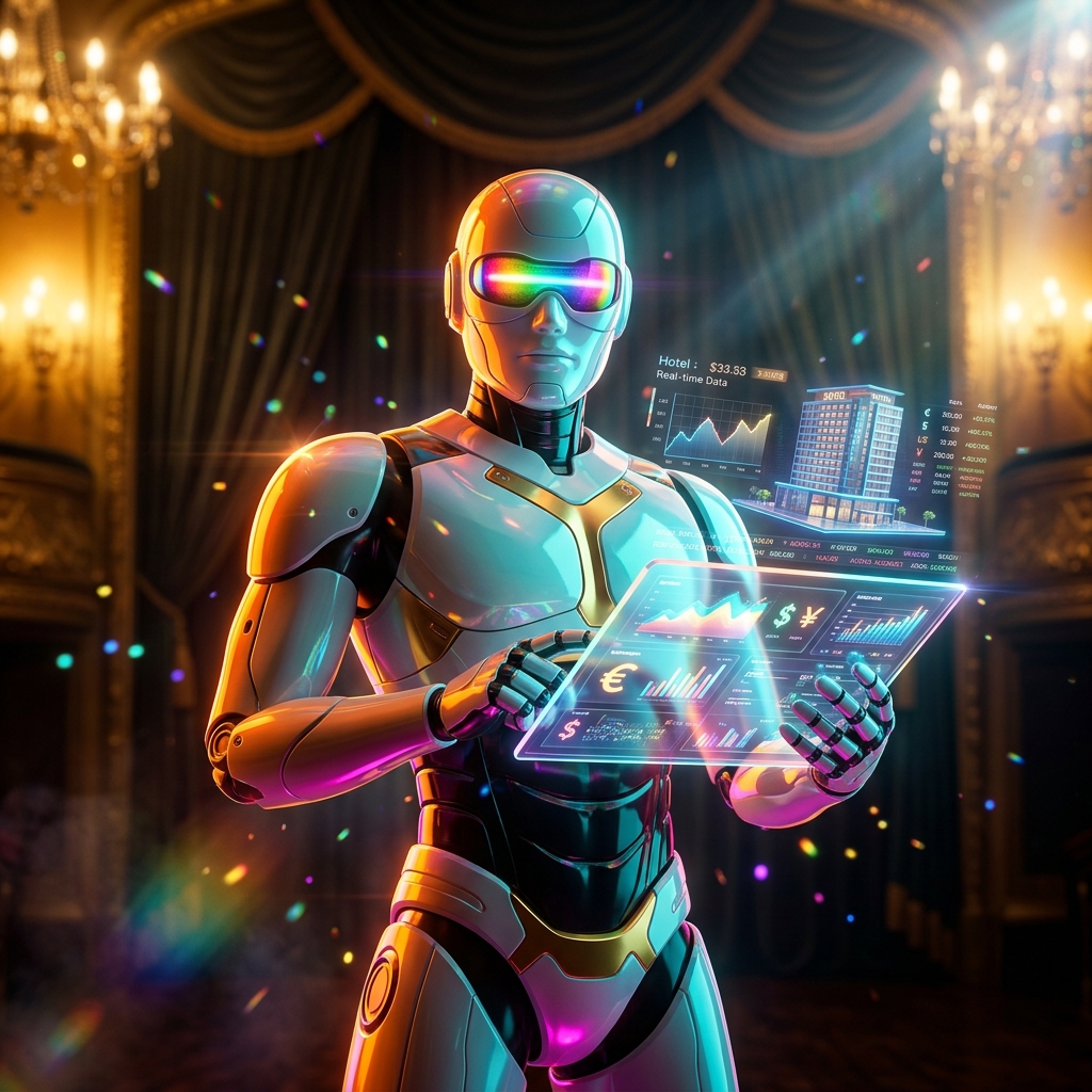 Ledgerline Terminal — Hotel Financial Strategy — Finance & Fintech category hero — hyper-detailed humanoid robot with glossy plating and glowing visor eyes, striking a confident hero pose in the center of the frame in golden-lit theater interior with heavy velvet curtains and cinematic chandeliers