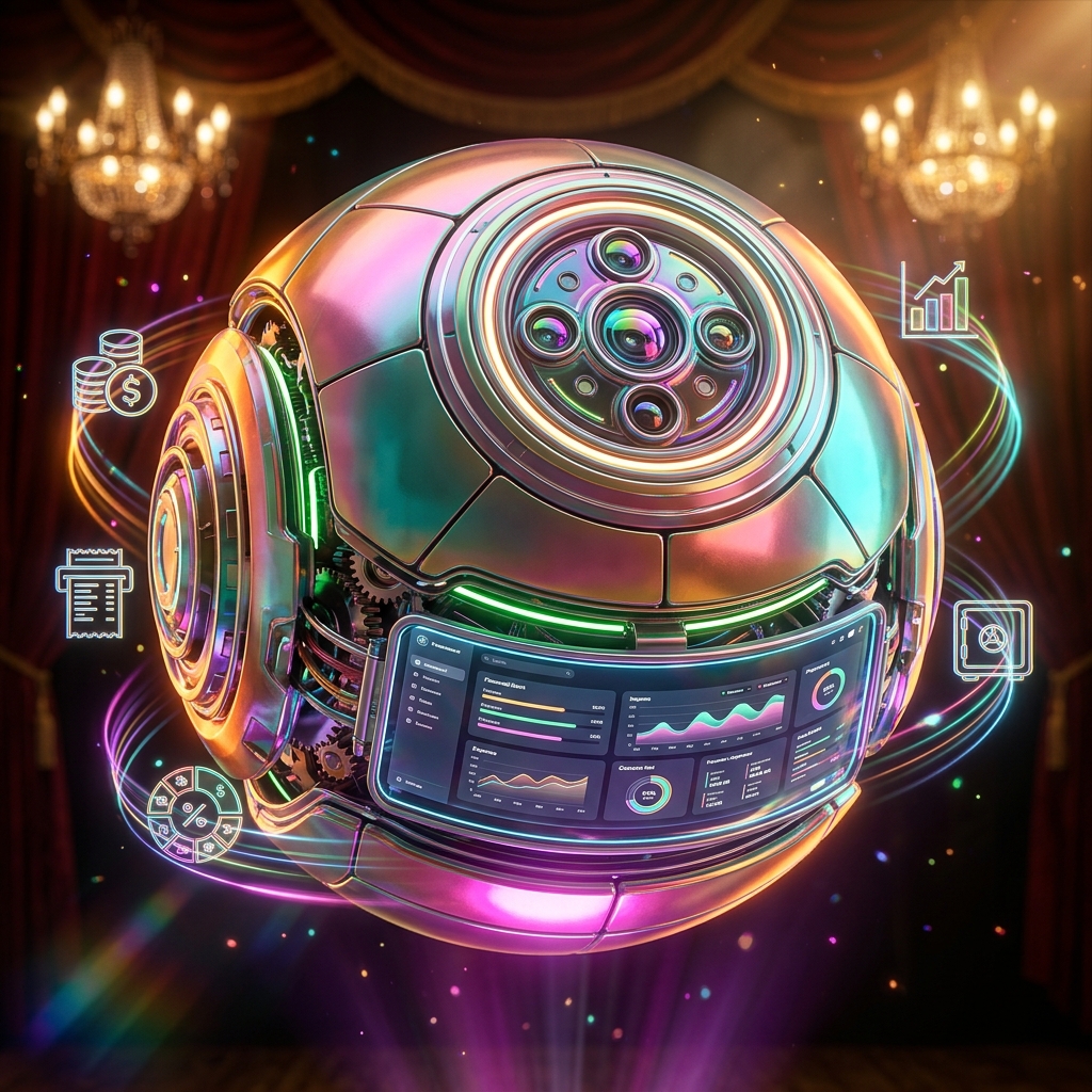 LedgerLine Terminal — Personal Finance Command — Expense Tracking category hero — floating spherical AI orb with concentric glowing rings and orbiting holographic icons around it in golden-lit theater interior with heavy velvet curtains and cinematic chandeliers