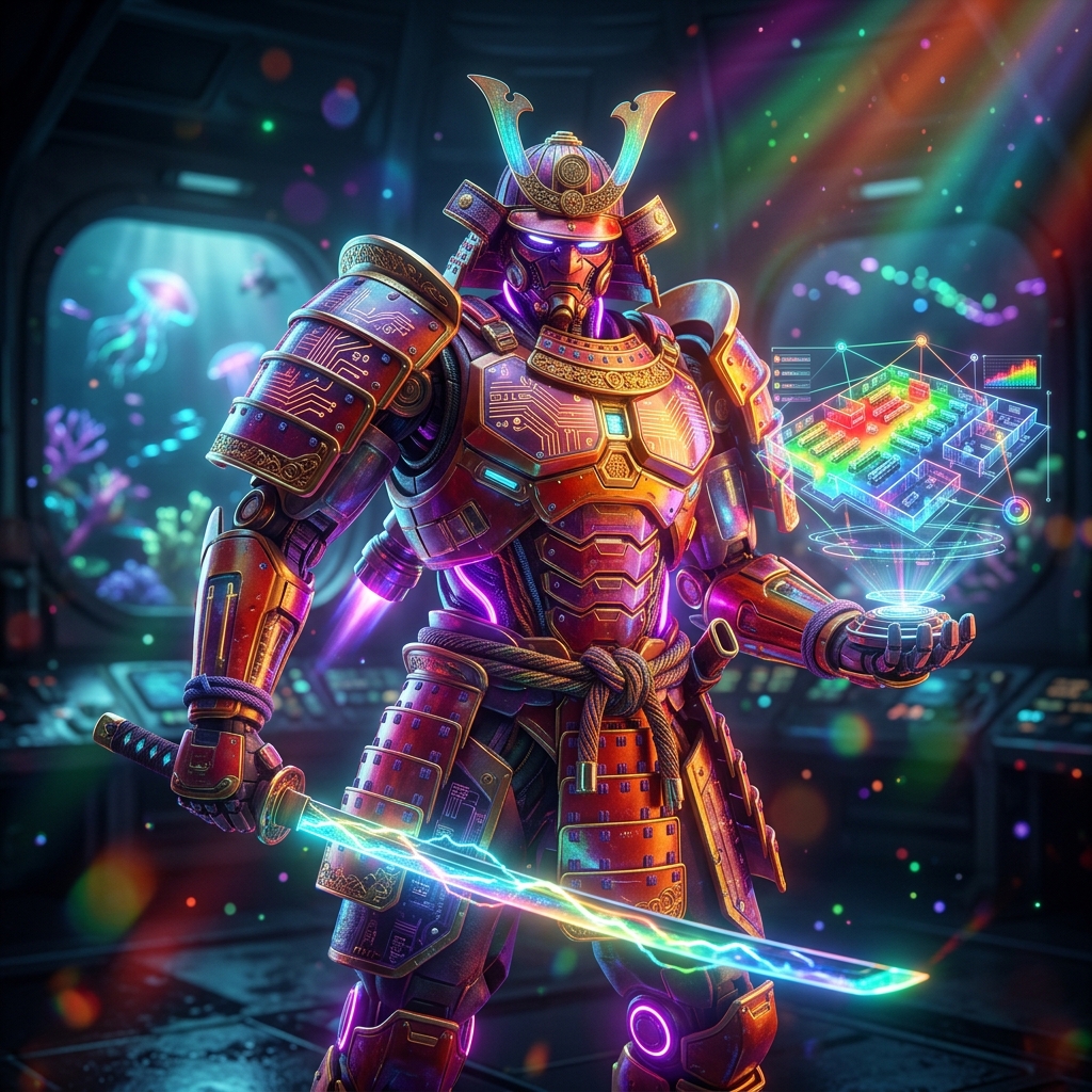 Ledgerlynx — Retail Compliance Intelligence — Accounting category hero — majestic samurai-styled mech in lacquered armor with neon under-glow, katana of light in hand in deep-sea research bay with bulkhead windows onto a bioluminescent ocean