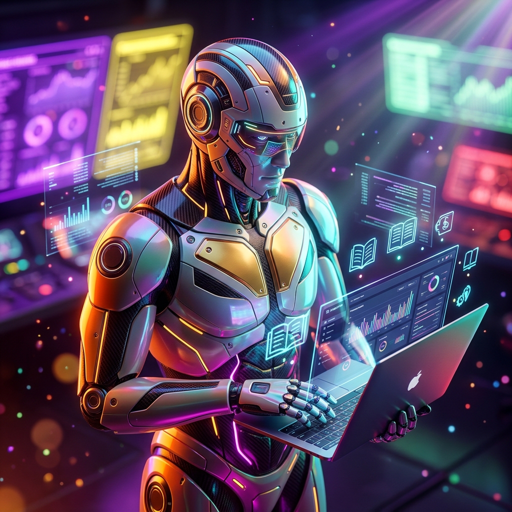 LedgerPilot Atlas — Financial Strategy Terminal for Tutoring & C — Booking category hero — sleek sports-car-inspired bipedal android mid-motion, carbon-fiber musculature and glowing accent lines in futuristic control room with massive glowing holographic screens and volumetric light rays