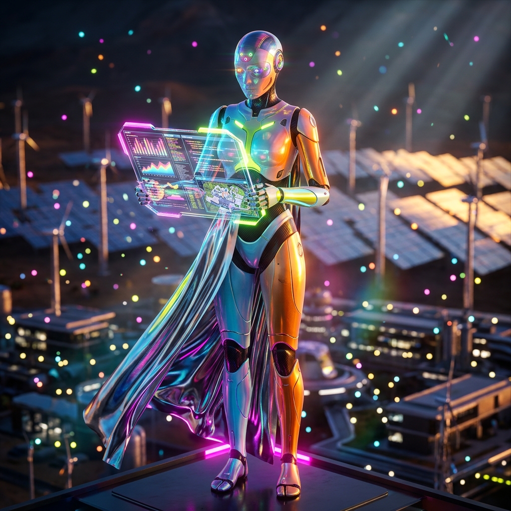 LedgerPilot — Coding Bootcamp Command — Coding Bootcamp category hero — elegant fashion-forward android in flowing reflective couture fabric, editorial pose in desert solar farm at magic hour with reflective sand and towering chrome pylons