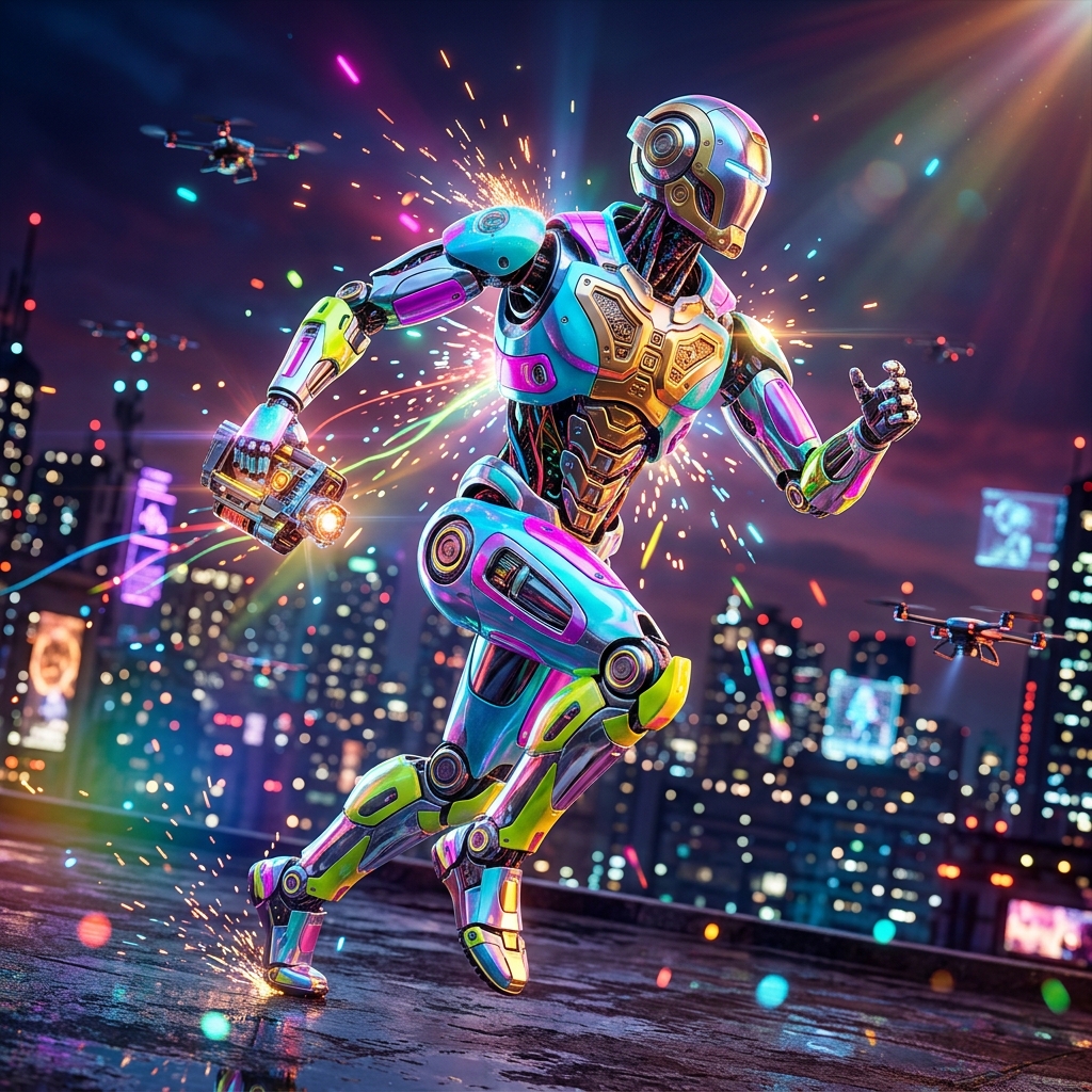 LedgerPilot Command — Accounting Mission Control — Accounting category hero — chrome-plated bipedal android caught mid-motion, sparks and light particles trailing around it in rooftop overlooking a neon megacity skyline at dusk, drones flying in the distance