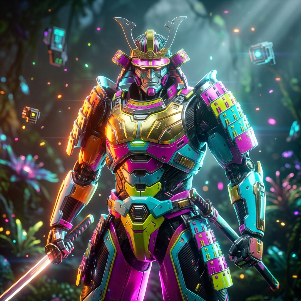 LedgerPilot Command | Field Finance Dispatch Grid — Accounting category hero — majestic samurai-styled mech in lacquered armor with neon under-glow, katana of light in hand in alien jungle biome with glowing flora and floating tech artifacts