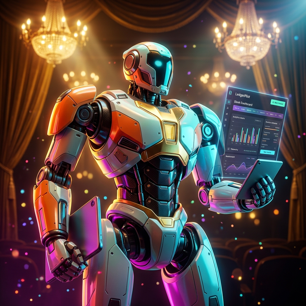 LedgerPilot Command — Invoicing & Receivables Mission Control — Invoicing category hero — duo of contrasting robots — one large hero mech and a small companion droid — composed cinematically in golden-lit theater interior with heavy velvet curtains and cinematic chandeliers