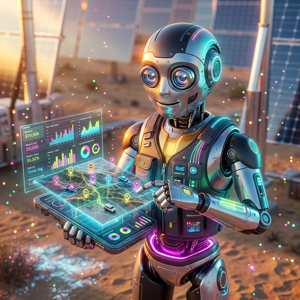 LedgerPilot Grid — Accounting Field Operations — Accounting category hero — friendly Pixar-quality mascot robot with big expressive optical eyes, holding an object that represents the category in desert solar farm at magic hour with reflective sand and towering chrome pylons