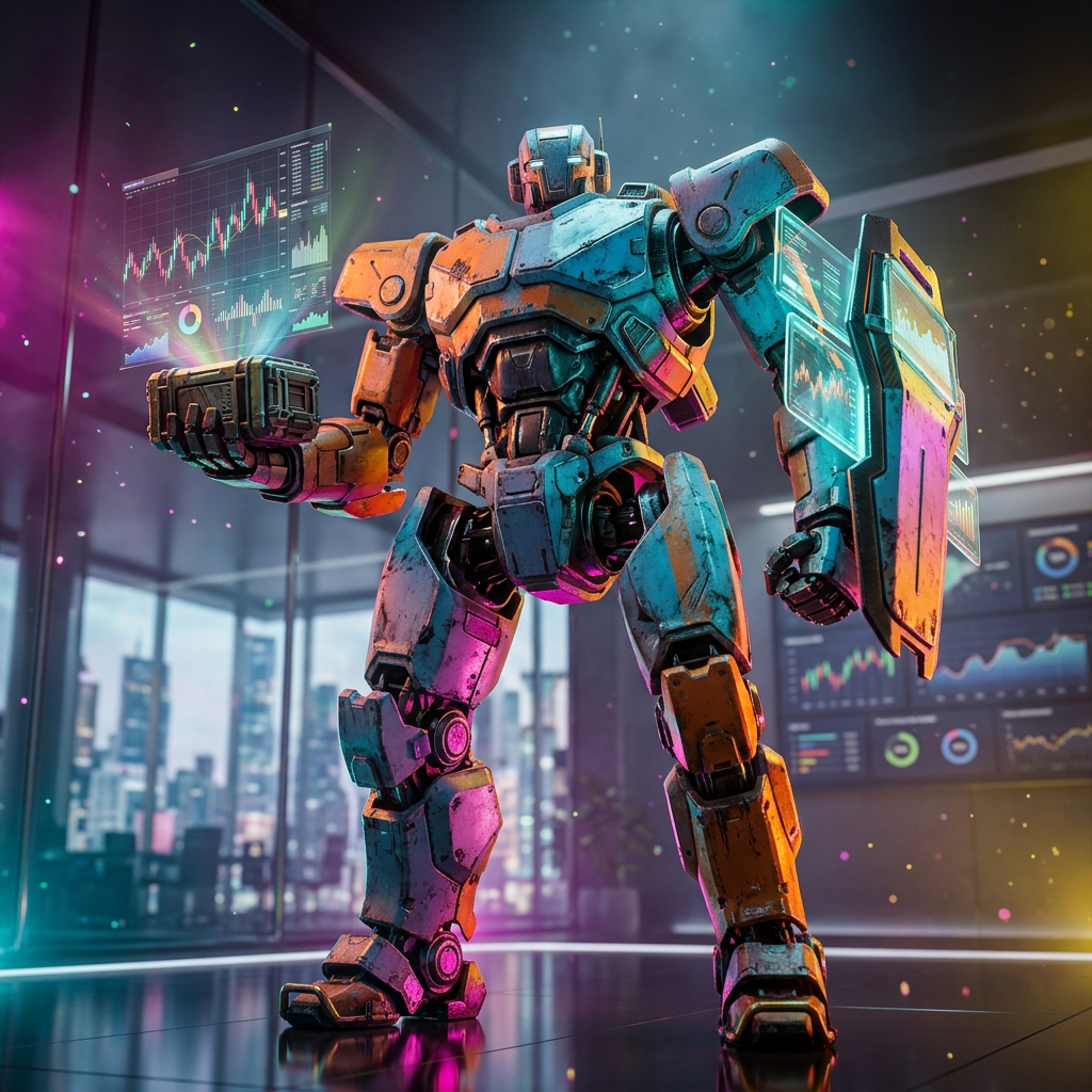LedgerPilot Terminal — Financial Strategy Workspace — Finance & Fintech category hero — war-worn but heroic mech pilot robot with painted panels, weathered detail, cinematic hero lighting in chrome-and-glass showroom with mirrored floor and rim-lit product staging
