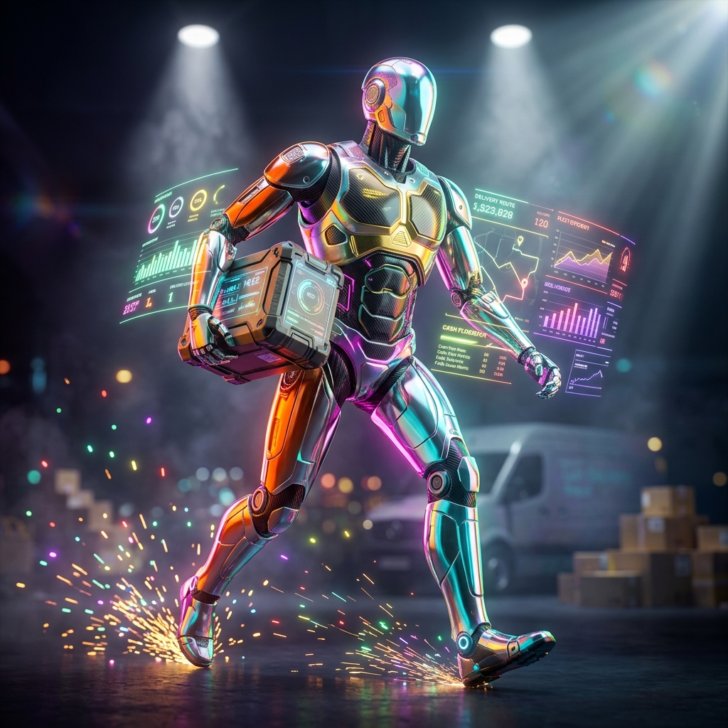 LedgerPilot Terminal — Last-Mile Delivery Finance Ops — Delivery category hero — chrome-plated bipedal android caught mid-motion, sparks and light particles trailing around it in dark cinematic stage with dramatic spotlights streaming down and a hazy atmospheric fog
