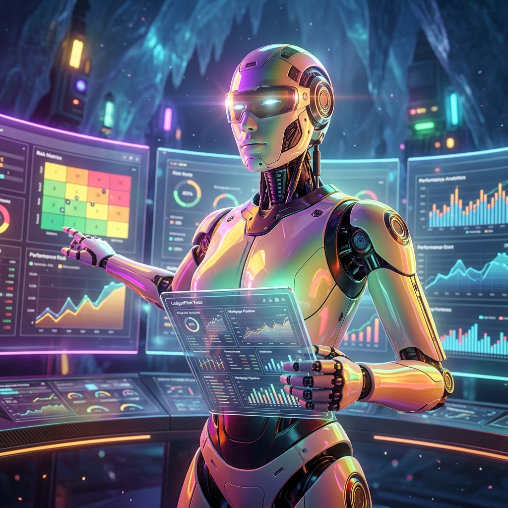 LedgerPilot Terminal — Mortgage & Loan Origination Command — Real Estate category hero — hyper-detailed humanoid robot with glossy plating and glowing visor eyes, striking a confident hero pose in the center of the frame in crystalline ice cavern lit by bioluminescent tech installations