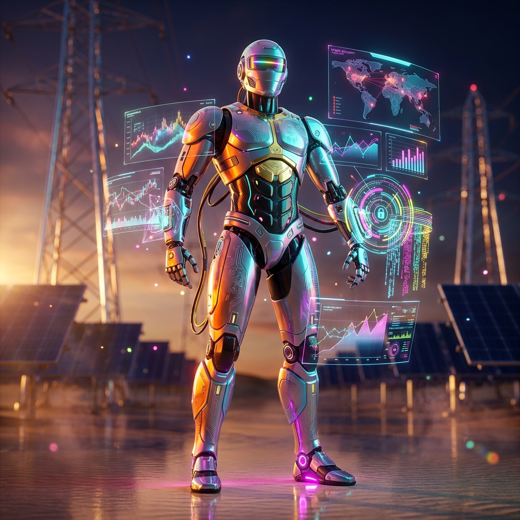 LedgerPulse — Cyber Financial Strategy Terminal — Finance & Fintech category hero — hyper-detailed humanoid robot with glossy plating and glowing visor eyes, striking a confident hero pose in the center of the frame in desert solar farm at magic hour with reflective sand and towering chrome pylons