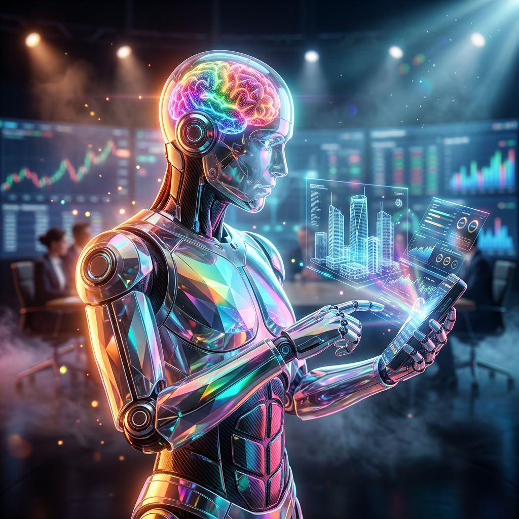 LedgerPulse Terminal — Quality Financial Strategy — 3D Modeling category hero — translucent glass humanoid figure with a glowing neural-network brain visible inside its head in dark cinematic stage with dramatic spotlights streaming down and a hazy atmospheric fog