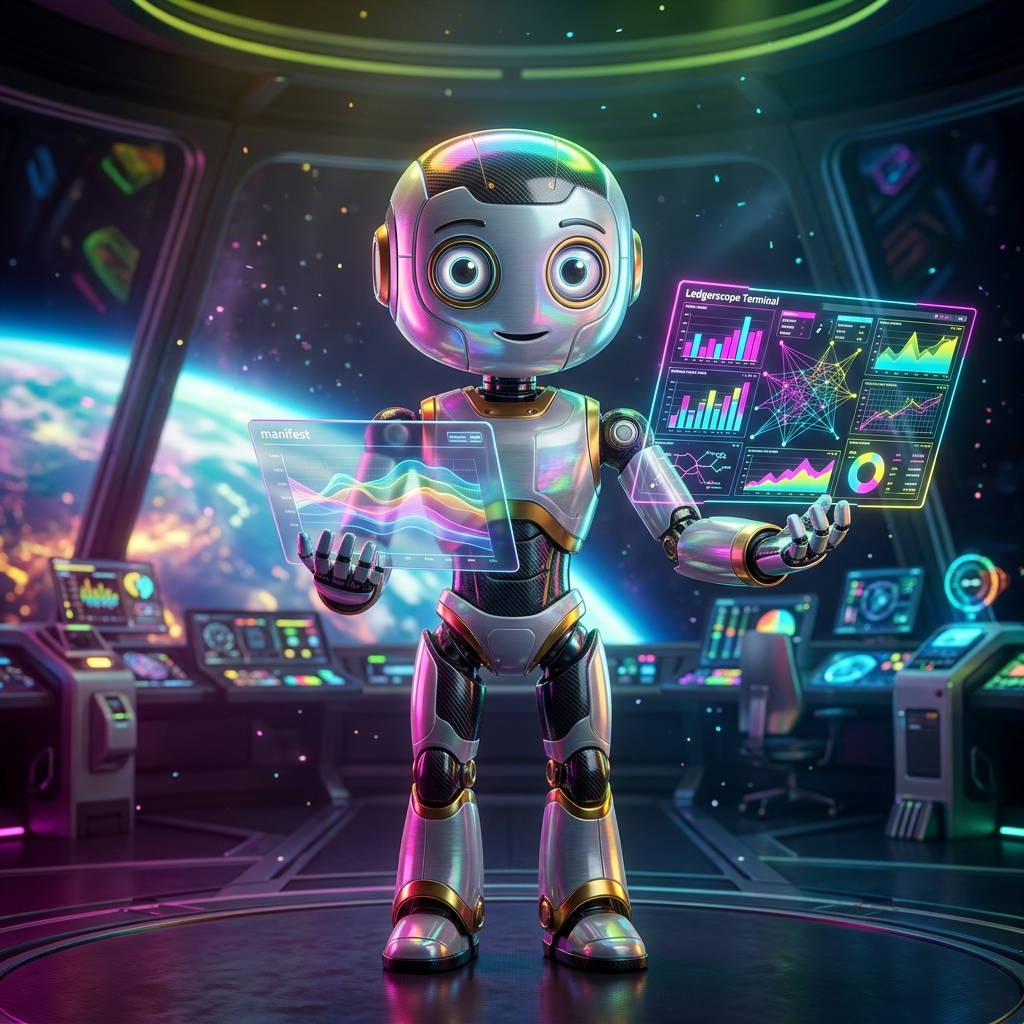 Ledgerscope Terminal — Financial Strategy & Scenario Cockpit — Finance & Fintech category hero — friendly Pixar-quality mascot robot with big expressive optical eyes, holding an object that represents the category in orbital space station observation deck with a planet glowing outside the panoramic window