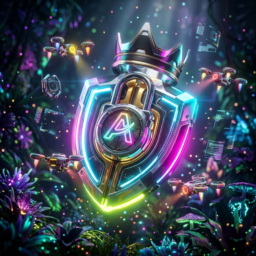 LedgerSight · Compliance Intelligence Ledger — Accounting category hero — glowing digital shield / padlock / crown / crystal object at the frame center, protected by hovering tech drones in alien jungle biome with glowing flora and floating tech artifacts