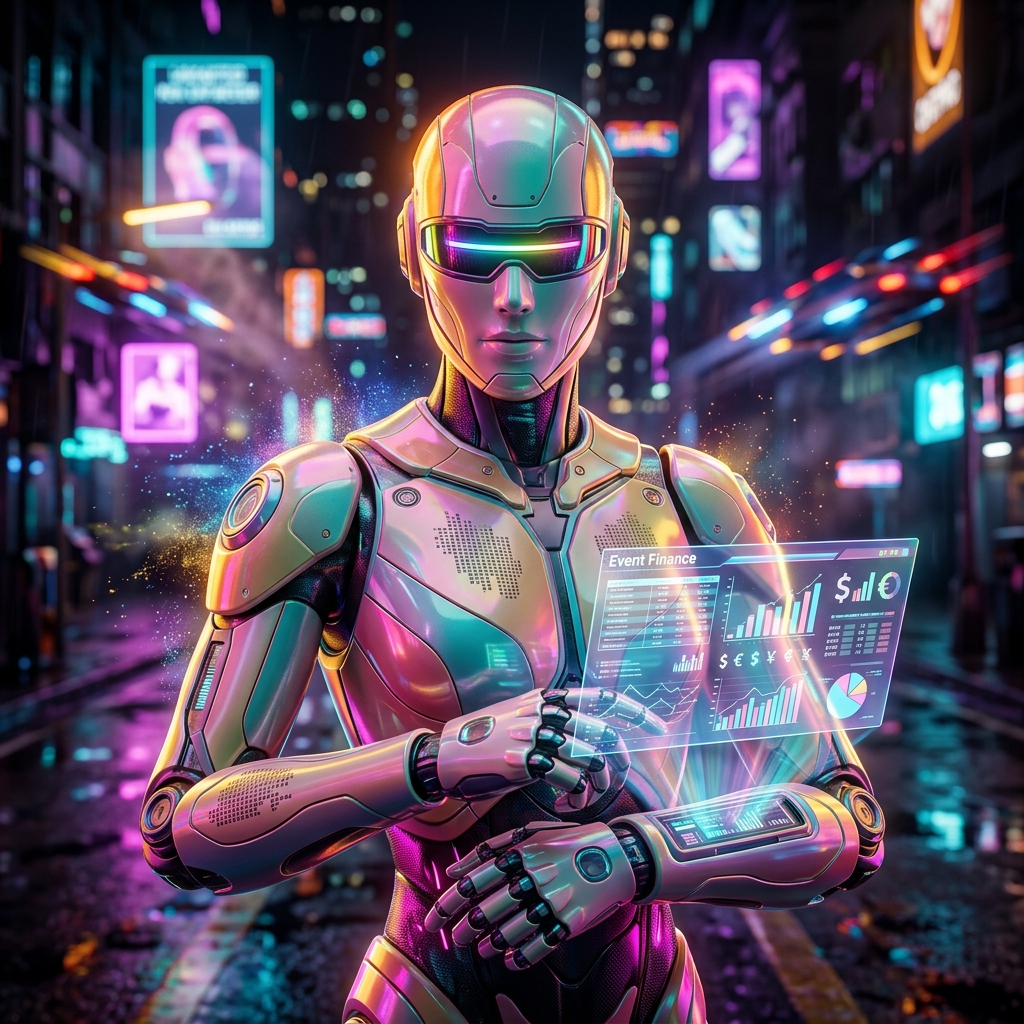 LedgerStage – Event Finance Terminal — Finance & Fintech category hero — hyper-detailed humanoid robot with glossy plating and glowing visor eyes, striking a confident hero pose in the center of the frame in neon-lit cyberpunk street at night, wet pavement reflections, hovering holograms in the background