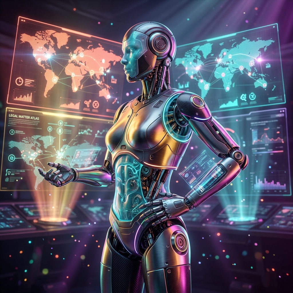 Legal Matter Atlas · MatterOps — Automation category hero — cinematic cyborg character seen in three-quarter profile, exposed circuitry glowing beneath translucent skin, intense neon rim light in futuristic control room with massive glowing holographic screens and volumetric light rays