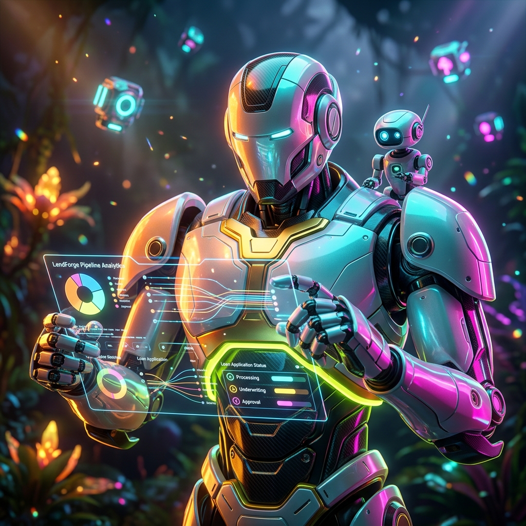 LendForge Command | Mortgage Origination Mission Control — Digital Banking & Financial Solutions category hero — duo of contrasting robots — one large hero mech and a small companion droid — composed cinematically in alien jungle biome with glowing flora and floating tech artifacts