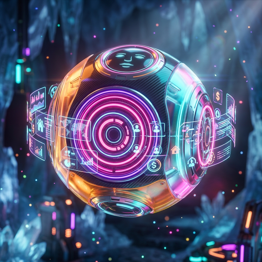 LendGrid Operations — Mortgage & Loan Origination Field Command — Digital Banking & Financial Solutions category hero — floating spherical AI orb with concentric glowing rings and orbiting holographic icons around it in crystalline ice cavern lit by bioluminescent tech installations