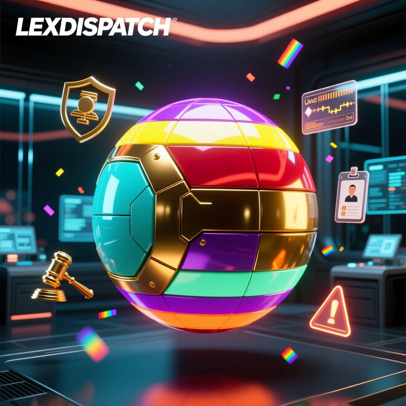 LexDispatch Command — Legal Field Operations Grid — Legal category hero — floating spherical AI orb with concentric glowing rings and orbiting holographic icons around it in sleek high-tech laboratory with glass walls, floating data panels and particle light