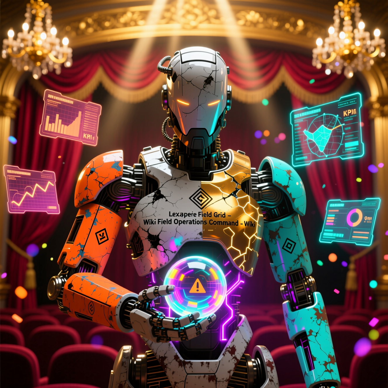 Lexisphere Field Grid — Wiki Field Operations Command — Wiki category hero — war-worn but heroic mech pilot robot with painted panels, weathered detail, cinematic hero lighting in golden-lit theater interior with heavy velvet curtains and cinematic chandeliers
