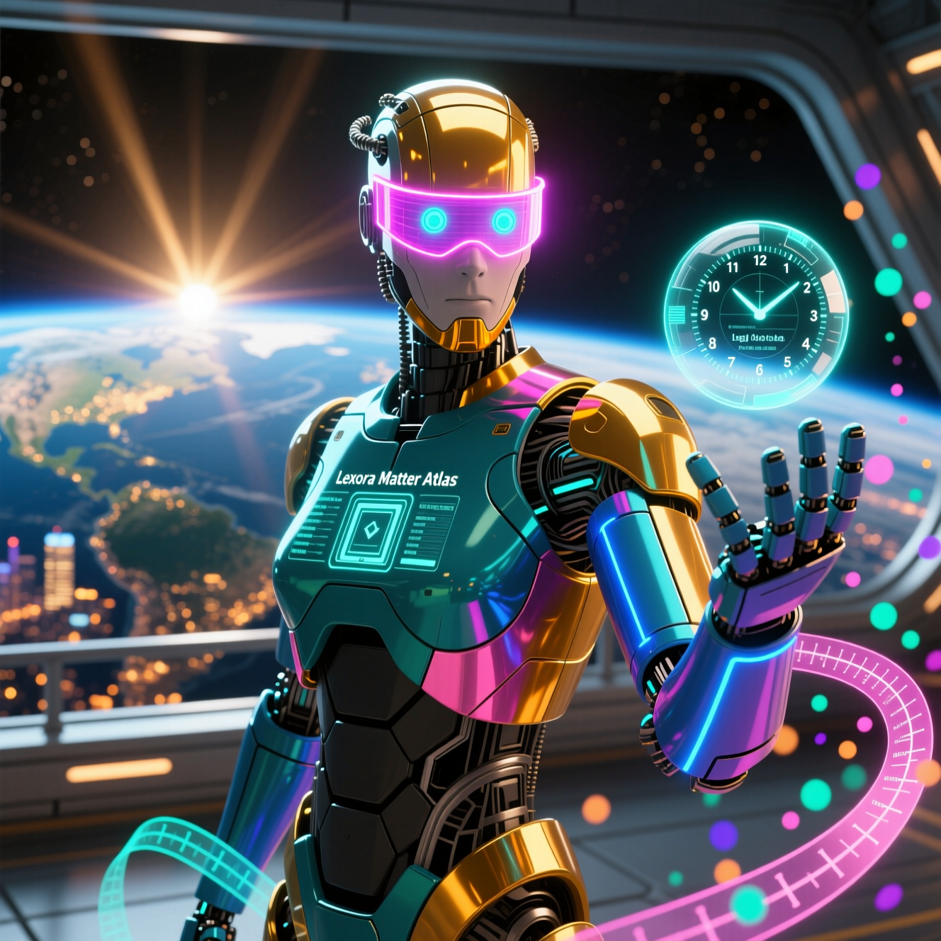 Lexora Matter Atlas — Legal Booking & Case Command — Booking category hero — hyper-detailed humanoid robot with glossy plating and glowing visor eyes, striking a confident hero pose in the center of the frame in orbital space station observation deck with a planet glowing outside the panoramic window