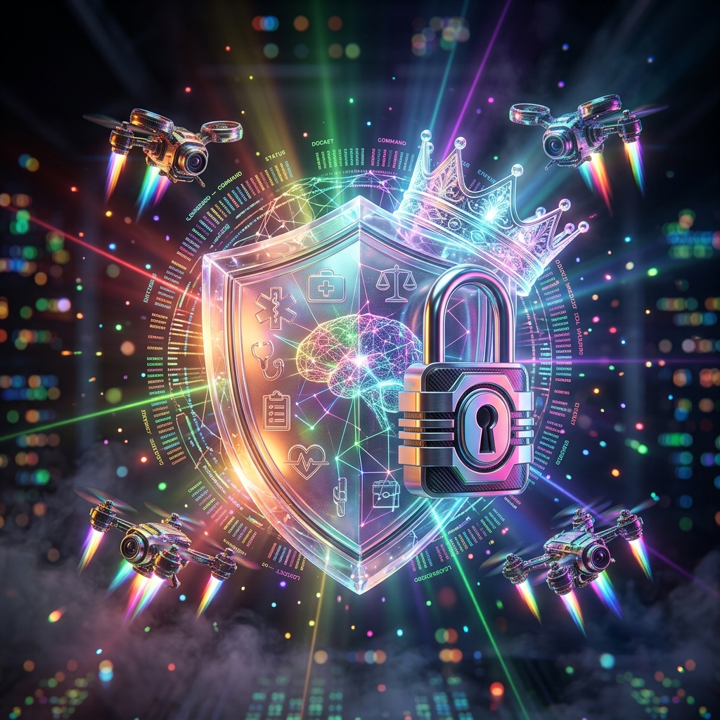 LexRecord — Legal Matter Atlas & Docket Command — Health category hero — glowing digital shield / padlock / crown / crystal object at the frame center, protected by hovering tech drones in underground rave-like data cathedral with laser beams cutting through smoke