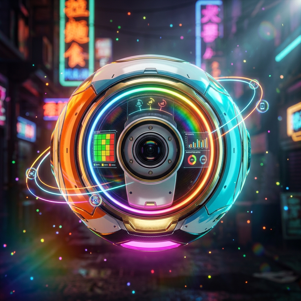 Licenseneer Grid — Subscription & License Operations Terminal — Business Management category hero — floating spherical AI orb with concentric glowing rings and orbiting holographic icons around it in Blade-Runner-style noodle-shop alley with dense neon signage in the background