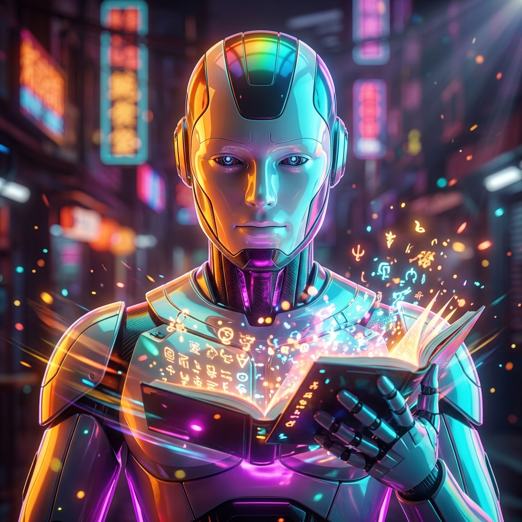 Licensio Atlas | SaaS License & Subscription Command — Business Management category hero — sci-fi wizard robot with a floating spellbook of holographic glyphs and light particles in Blade-Runner-style noodle-shop alley with dense neon signage in the background