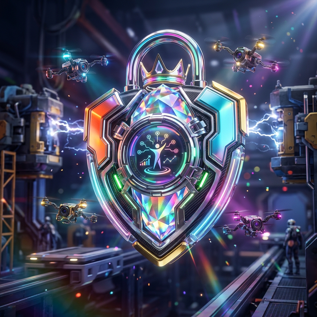 LifeSynexis – Mission Control Cockpit for Life Coaching & Person — Life Coaching & Personal Development category hero — glowing digital shield / padlock / crown / crystal object at the frame center, protected by hovering tech drones in magnetic-levitation factory floor with sparking arcs of electricity and machinery
