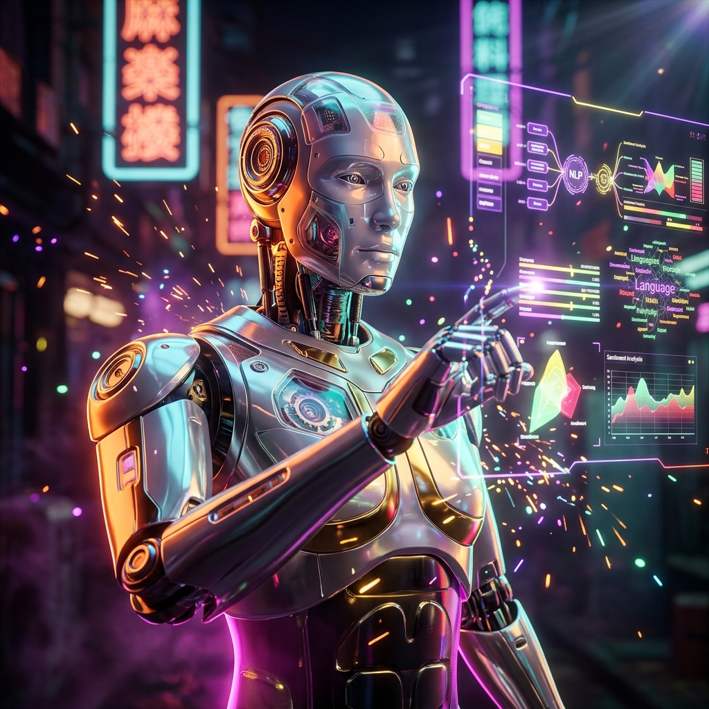 LinguaForge Command | NLP Mission Control β Natural Language Processing category hero β chrome-plated bipedal android caught mid-motion, sparks and light particles trailing around it in Blade-Runner-style noodle-shop alley with dense neon signage in the background