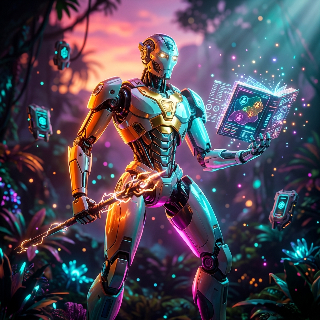 LinkForge Command – Affiliate Field Operations Grid — Affiliate Marketing category hero — sci-fi wizard robot with a floating spellbook of holographic glyphs and light particles in alien jungle biome with glowing flora and floating tech artifacts
