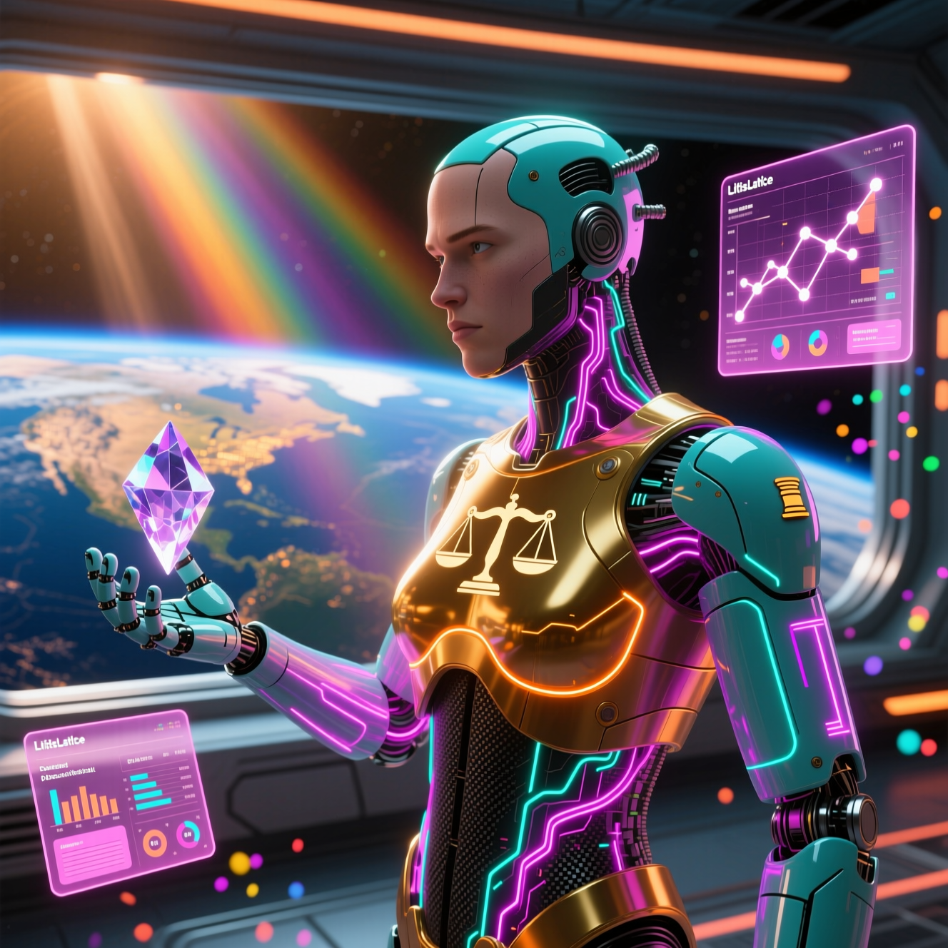 LitisLattice — Legal Matter Atlas & Knowledge Wiki — Wiki category hero — cinematic cyborg character seen in three-quarter profile, exposed circuitry glowing beneath translucent skin, intense neon rim light in orbital space station observation deck with a planet glowing outside the panoramic window