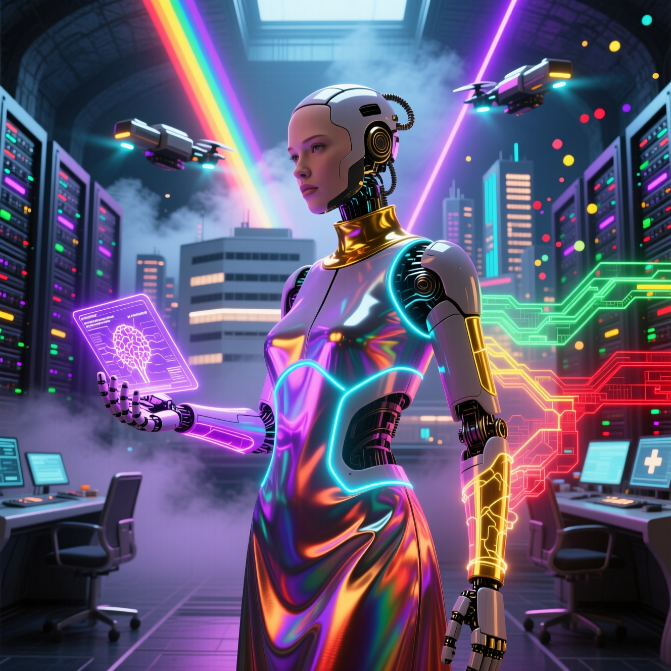 LogiCore Command Center — Supply Chain Neural Board — Medical Services category hero — elegant fashion-forward android in flowing reflective couture fabric, editorial pose in underground rave-like data cathedral with laser beams cutting through smoke